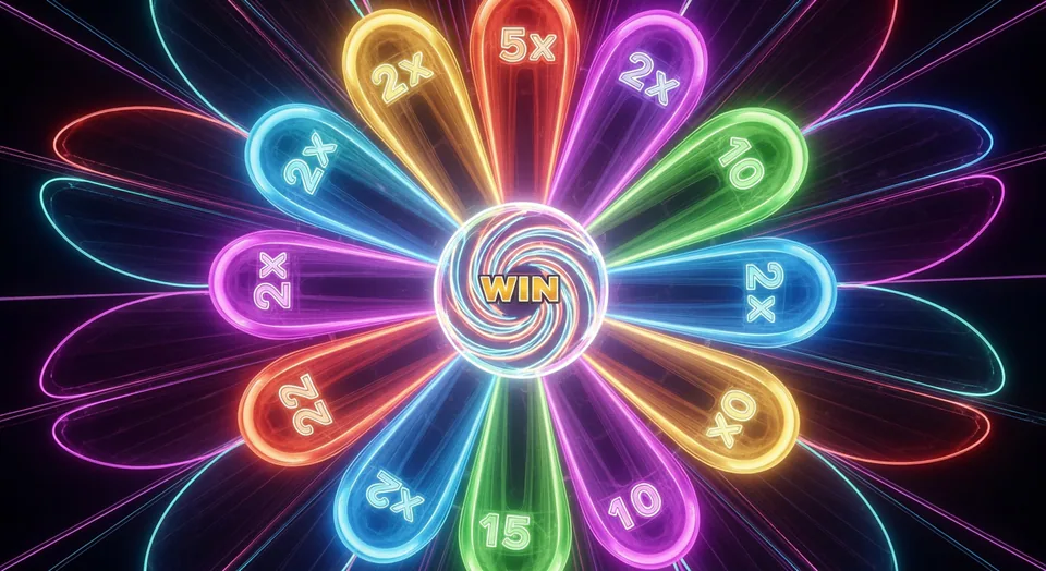 Tropic Wheel game cover, a wheel of fortune shaped like a neon flower.